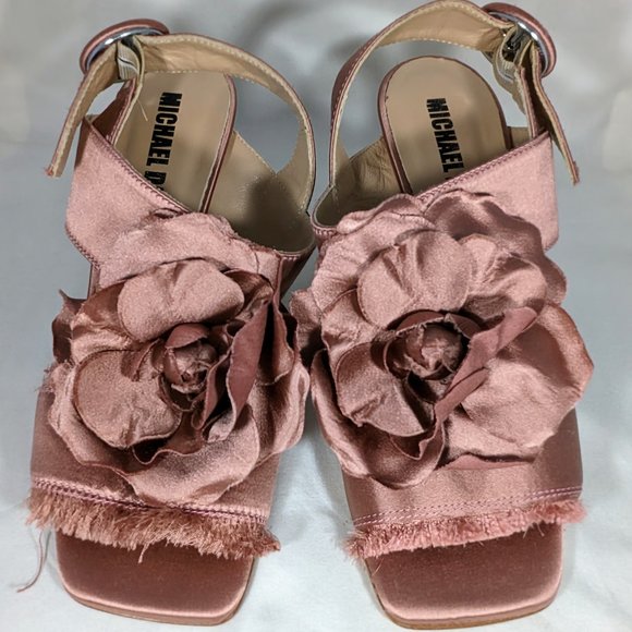 Like New EU 37 Pink Fabric Wedge Heel W/Fabric Flower, Michael Dass - Picture 2 of 10